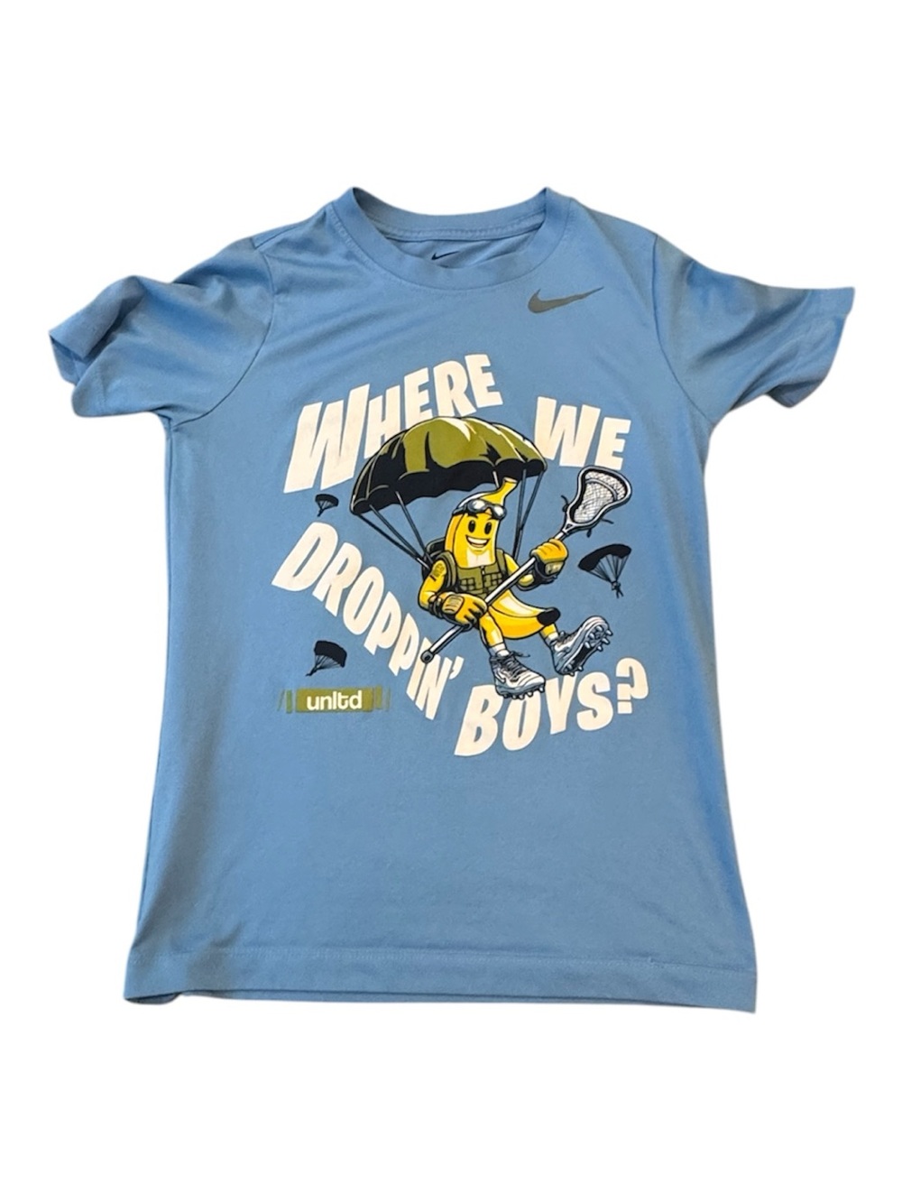 Nike Light Blue Boys' Short Sleeve Graphic Tee with Yellow Parachute Character